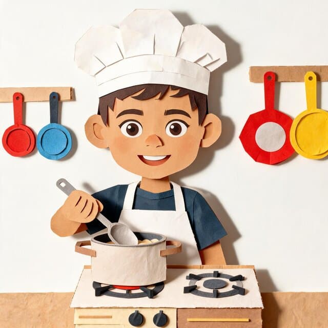 A page from a personalised children's book in Cut paper style, with the child drawn as the main character